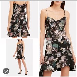 Nicholas Arielle Roses Peonies Floral Frill Mini Dress Belted Black Size 6